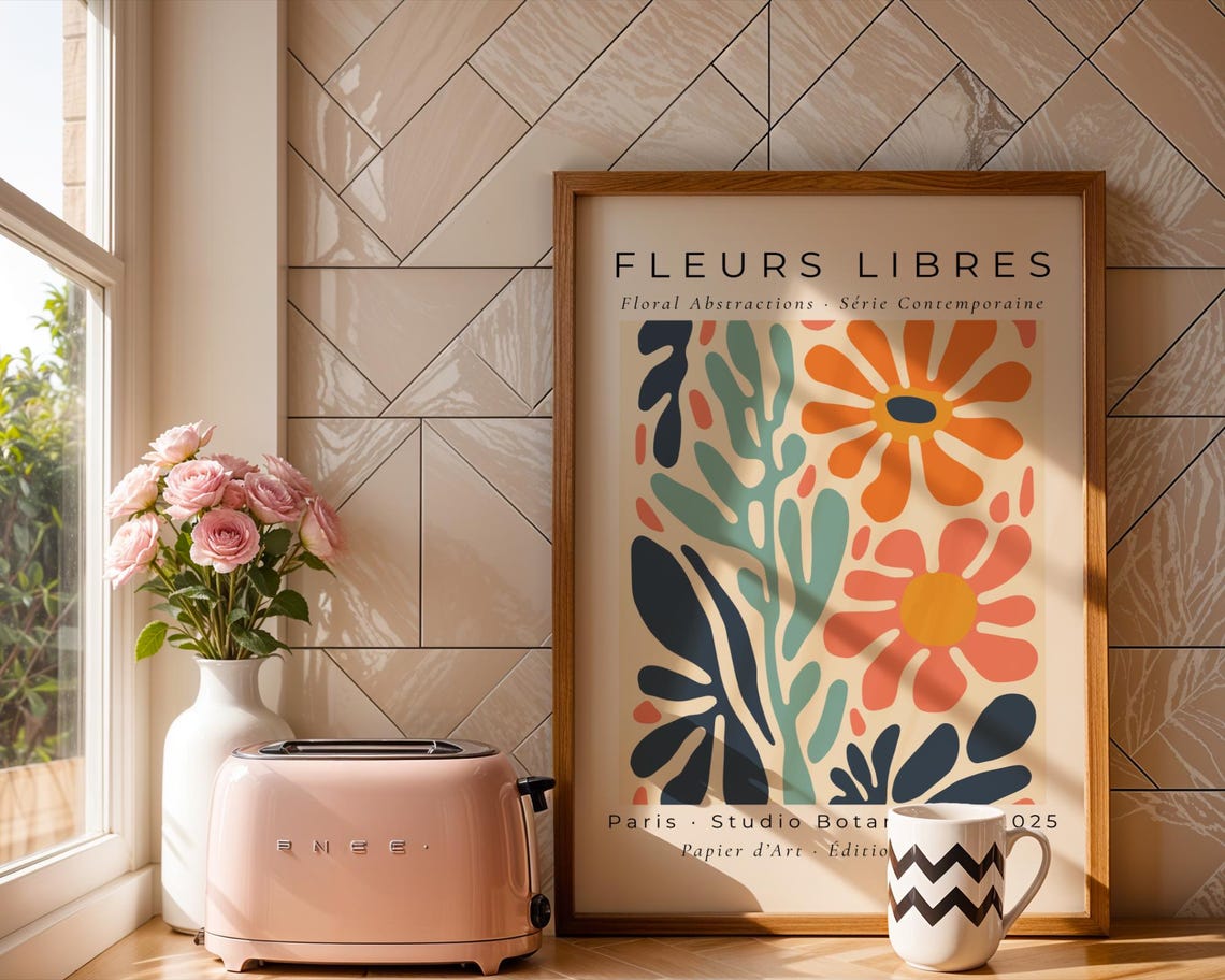 Fleurs Libres Abstract Daisy Teal Leaves Modern Floral Art Poster
