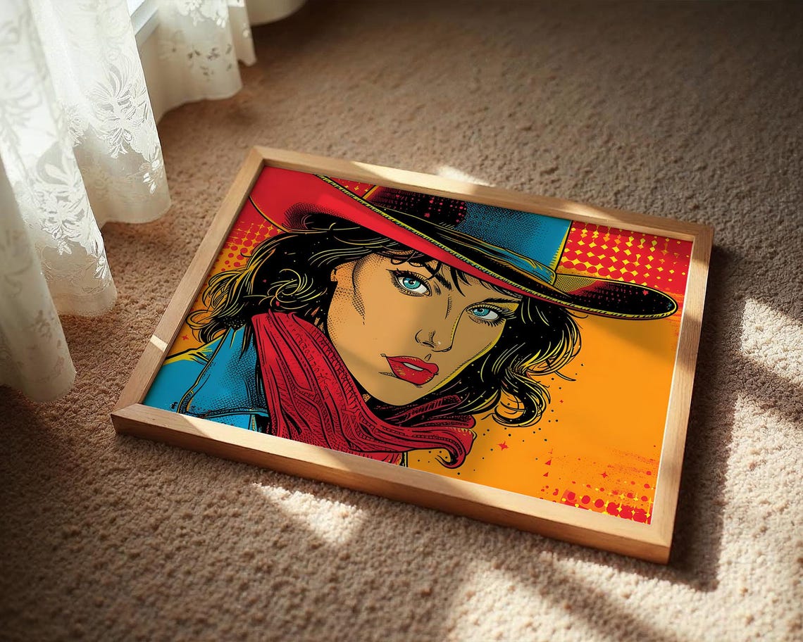Cowgirl Blue Hat Red Bandana Pop Art Portrait Western Style Poster