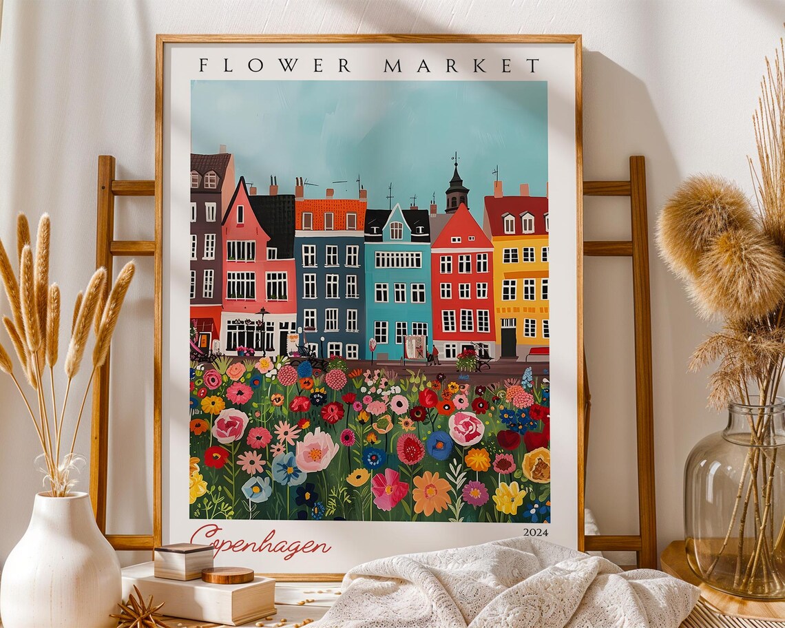 Copenhagen Flower Market Colorful Harbor Houses 2024 Travel Poster