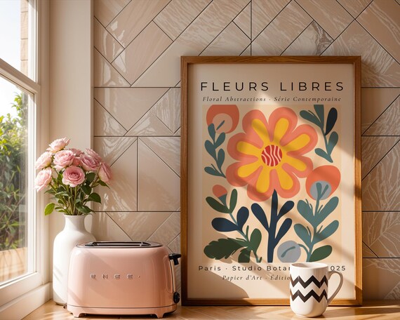 Whimsical Yellow Flower Print Abstract Botanical Wall Art With Peach And Coral Accents Kitchen Poster Bedroom Gift For Her Office