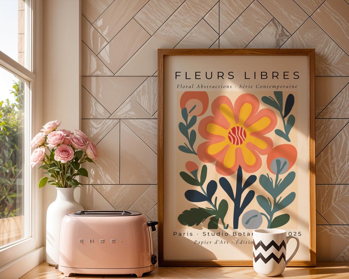 Fleurs Libres Pink Blossom Bouquet Navy Vase Botanical Art Print