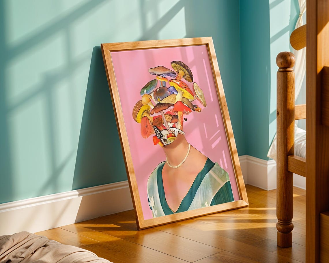 Surreal Mushroom Collage Woman Portrait Pink Background Trippy Poster