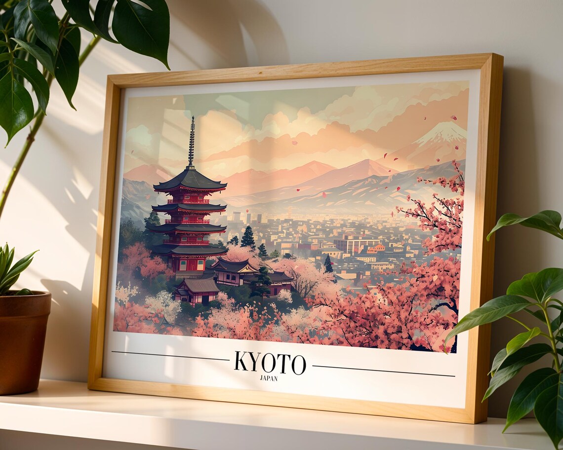 Kyoto Japan Cherry Blossom Print Vintage Asian Pagoda Wall Art Japanese Landscape Poster For Zen Travel Or Japandi Interiors