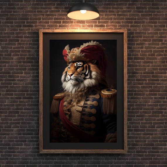 Regal Tiger In Golden Embroidered Coat Whimsical Jungle Noble Portrait Statement Wall Art For Bold Interiors Fun Animal Office