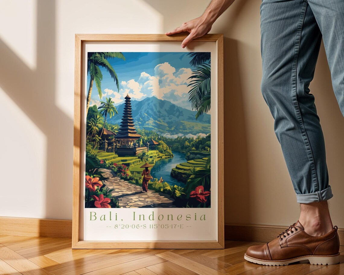 Bali Indonesia Tropical Temple Rice Terrace Vintage Travel Poster