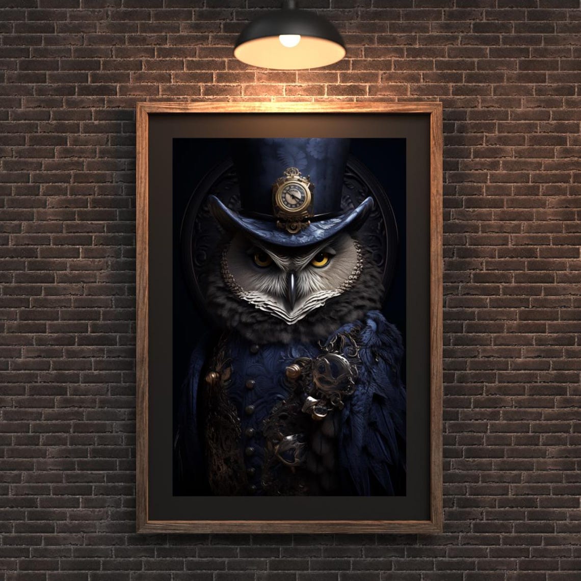 Steampunk Owl Blue Top Hat Gears Dark Animal Portrait Poster