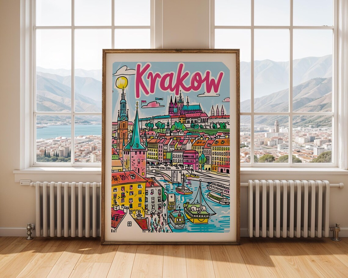 Krakow Poland Colorful Old Town Riverfront Illustrated Travel Poster