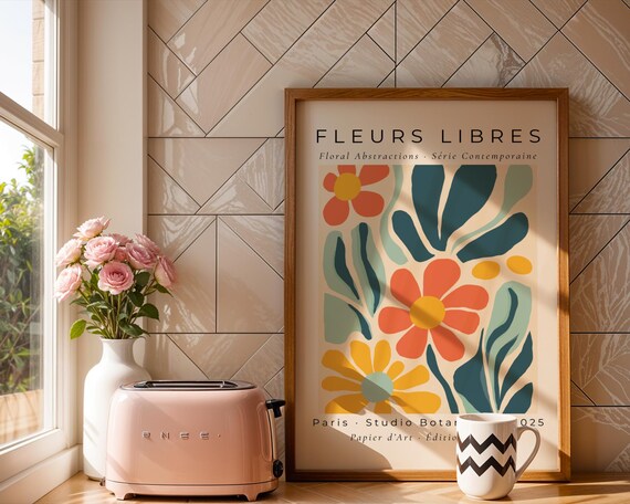 Mid Century Inspired Abstract Floral Art Modern Flower Wall Poster With Blue Yellow And Coral Blooms Kitchen Bedroom Gift