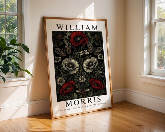 William Morris Poppy Print Wall Art With Bees Butterflies Vintage Floral Poster Dark Botanical Nature Decor Arts Crafts Gallery Piece