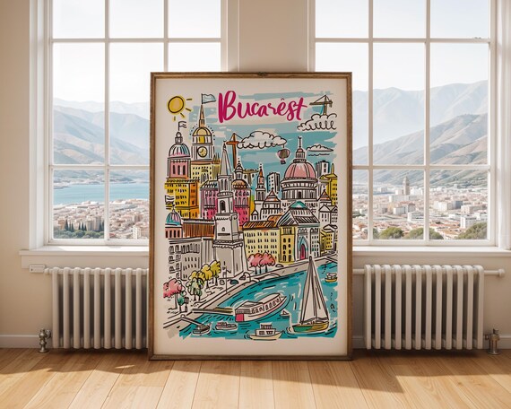 Bucharest Romania Colorful Hand Drawn City Illustration Travel Poster