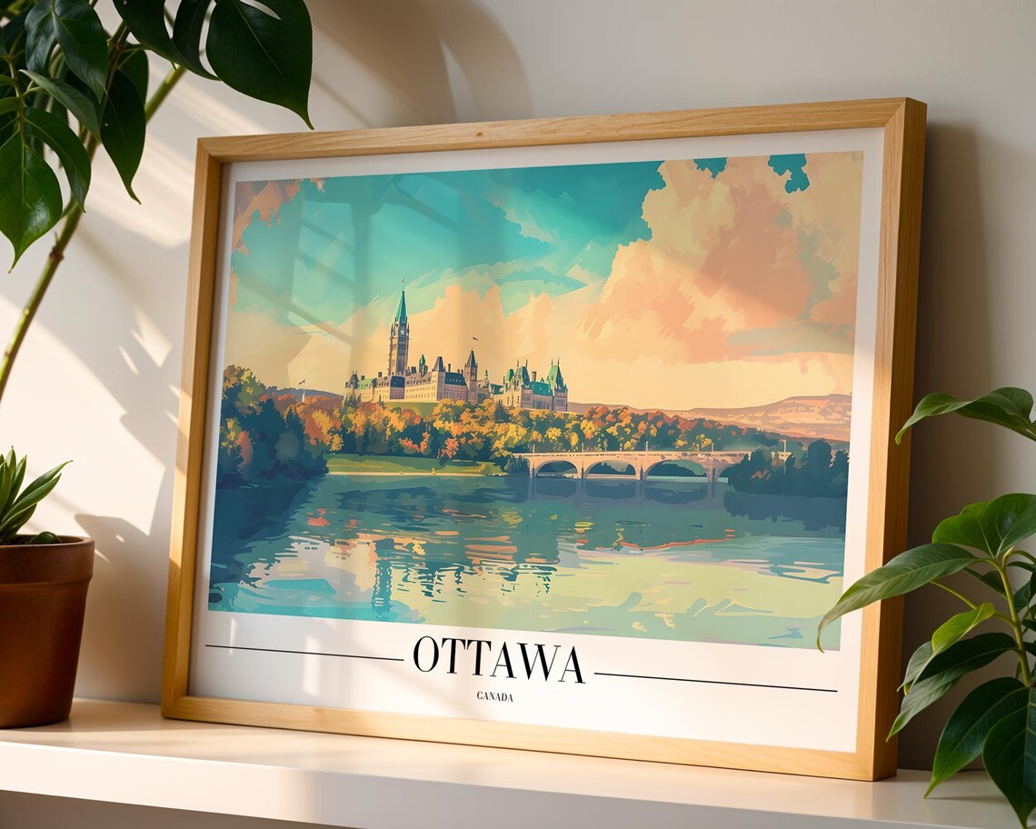 Ottawa Parliament Buildings Autumn River View Canada Travel Poster