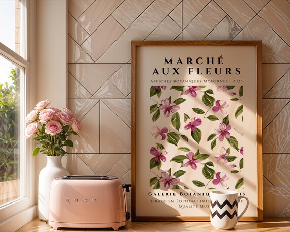 Bold Pink Floral Wall Art Print March Aux Fleurs Botanical Poster Parisian Flower Market Vintage Style Illustration Office