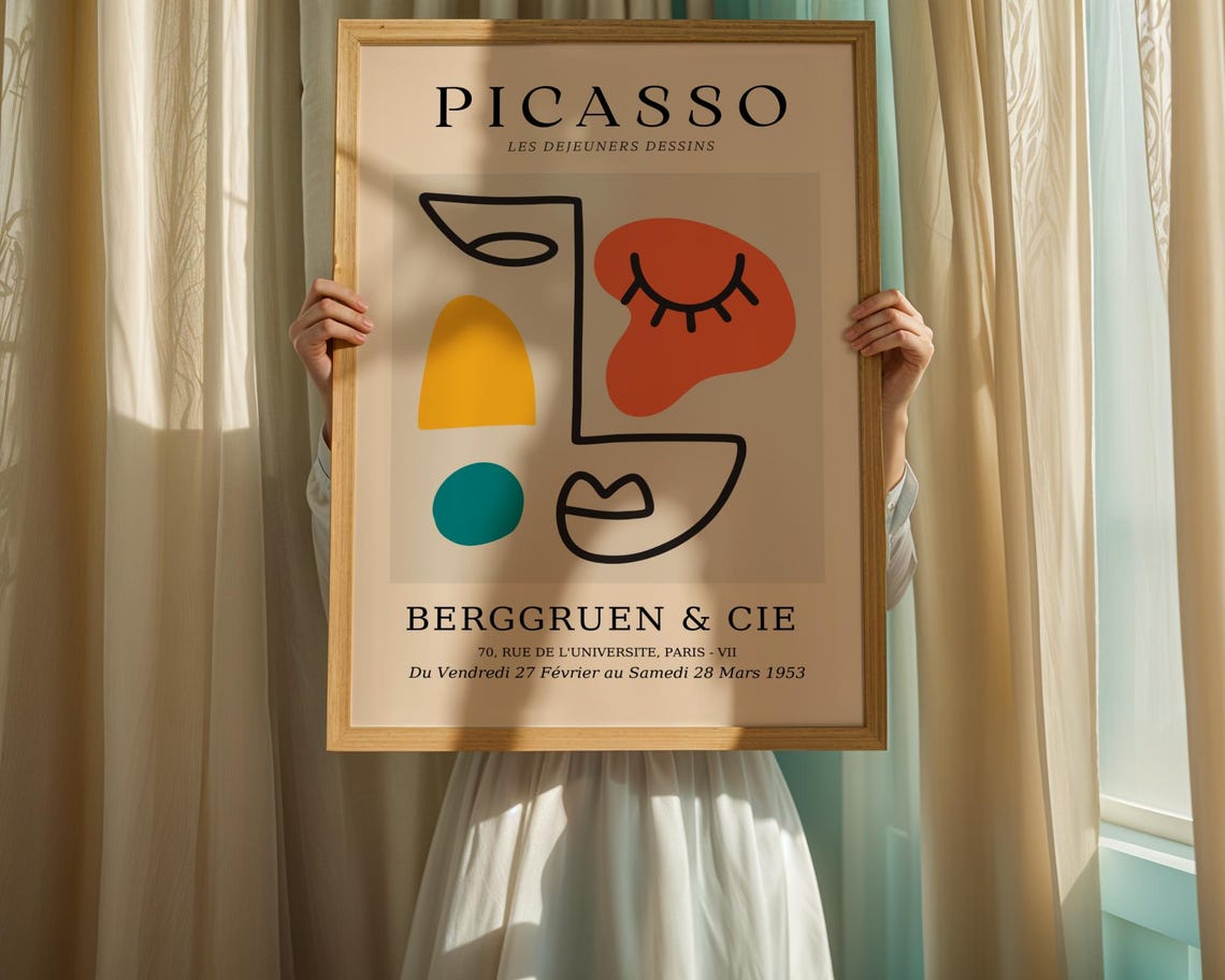 Picasso-Inspired Cubist Face Line Drawing Colorful Abstract Art Poster