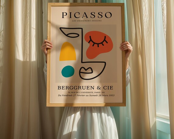 Picasso-Inspired Cubist Face Line Drawing Colorful Abstract Art Poster