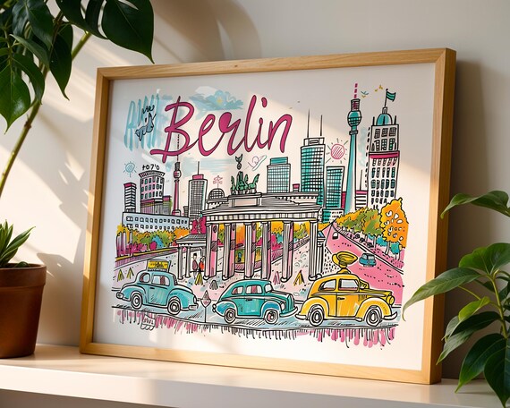 Berlin Germany Colorful Hand Drawn Brandenburg Gate Cityscape Poster