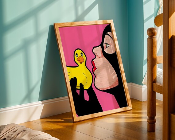 Playful Pop Art Woman With Rubber Duck Fun Retro Comic Style Wall Print Bold Quirky Pink And Yellow Artwork For Modern Home Decor