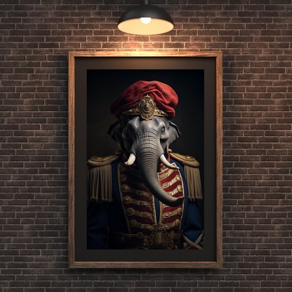 Regal Elephant Wall Art 18th Century Military Animal Portrait In Red And Navy Noble Decor
