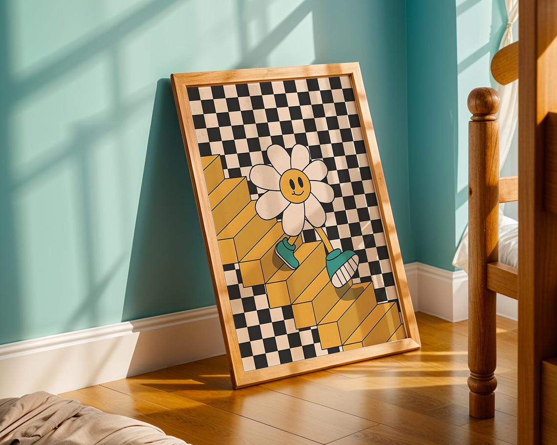 Retro Daisy Flower Character Checkerboard Stairs 70s Groovy Art Poster