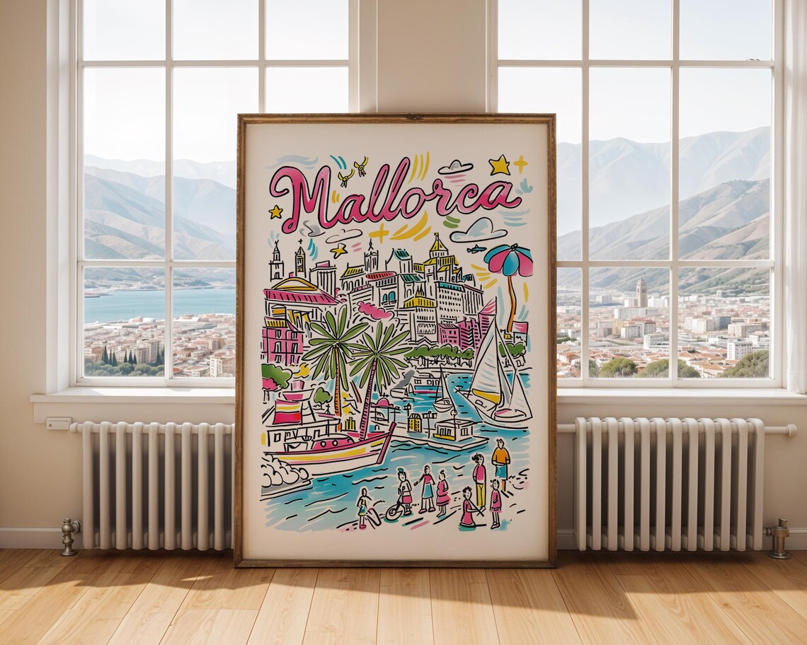 Mallorca Spain Colorful Hand Drawn Balearic Beach Travel Poster