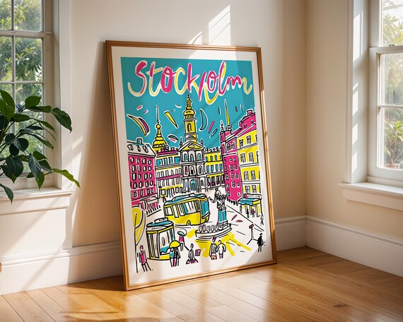 Stockholm Sweden Handdrawn Colourful Old Town City Travel Poster