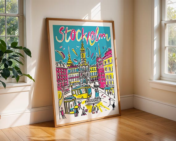 Stockholm Sweden Poster Colourful Cityscape Art Print Wall Decor Swedish Travel Gift Handdrawn Illustration European City