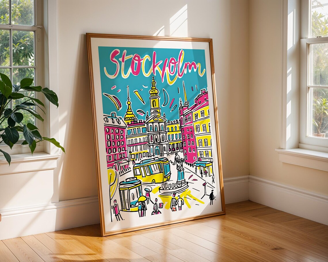 Stockholm Sweden Handdrawn Colourful Old Town City Travel Poster