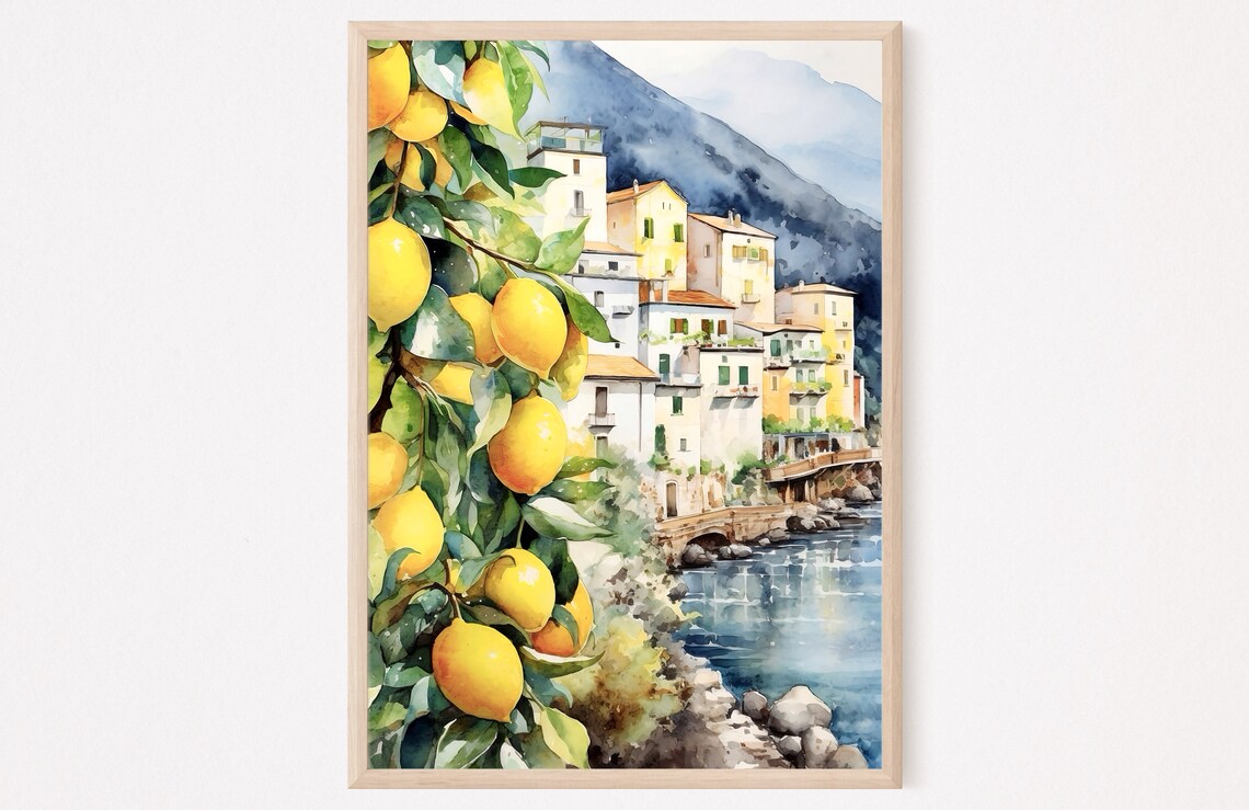 Positano Watercolor Print, Amalfi Coast Lemons Art
