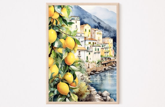Positano Watercolor Print, Amalfi Coast Lemons Art