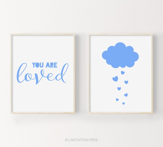 Blue Nursery Print Set Baby Wall Art Prints Nursery Art Cloud Print Nursery Quote You Are Loved Baby Boy Gift Idea Baby Prints