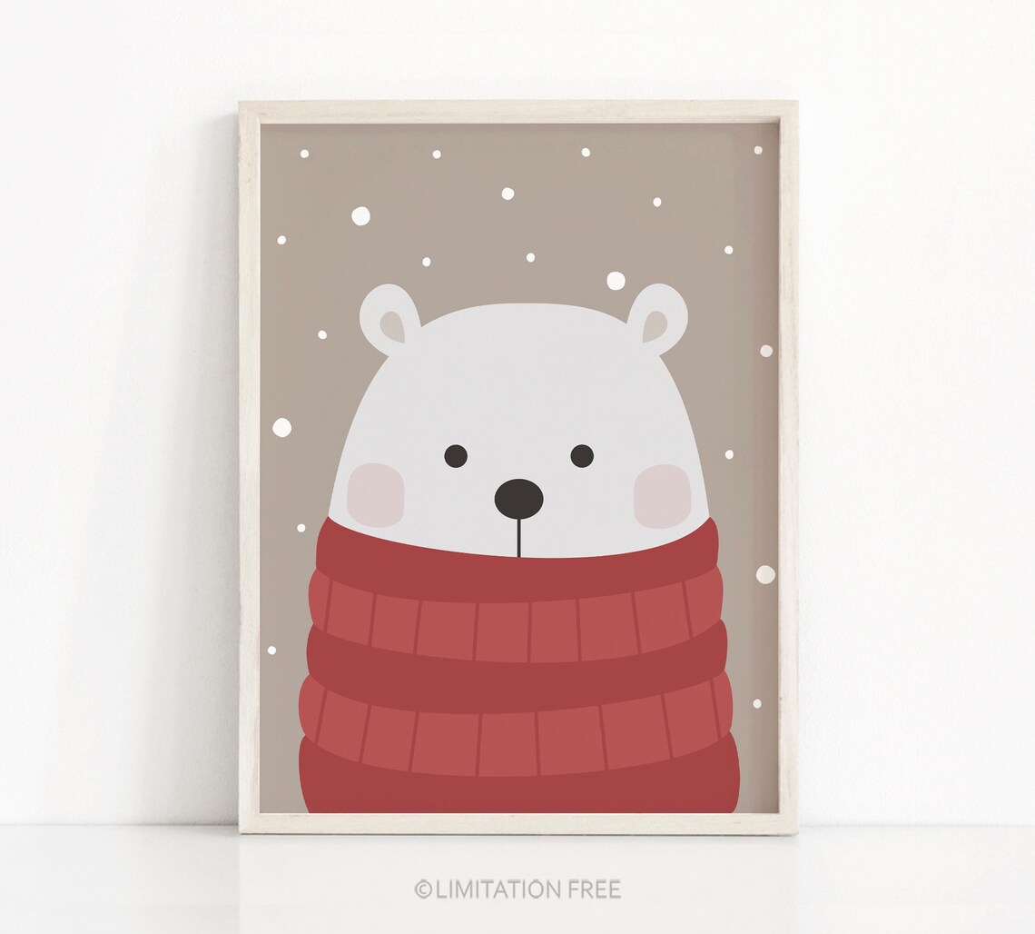 Polar Bear Christmas Decor Art Print, Winter Holiday