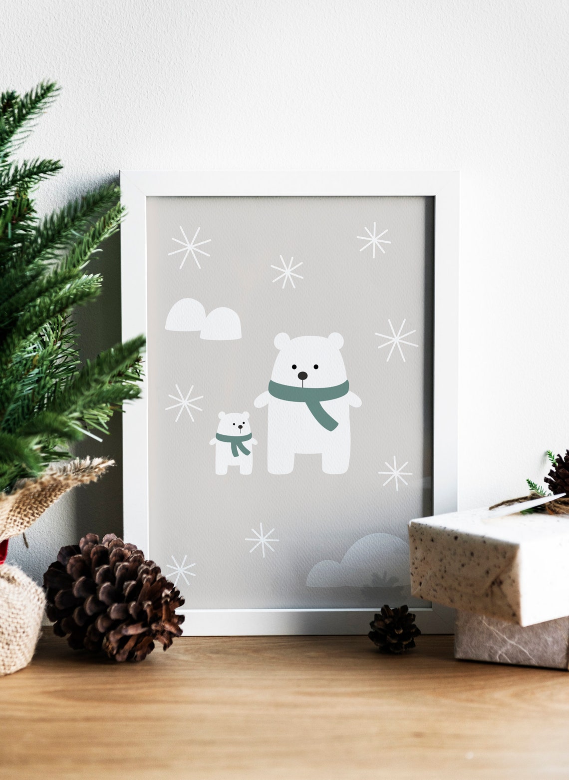 Cute Polar Bears With Teal Scarves In Snow Winter Nursery Wall Print - Image 2
