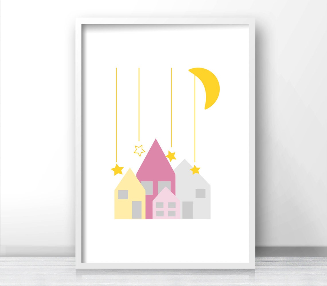 Nursery Art Moon And Stars Nursery Wall Art Baby Girl Nursery Wall Art Little Houses Nursery Printables Nursery Print Girls Room Print - Image 3