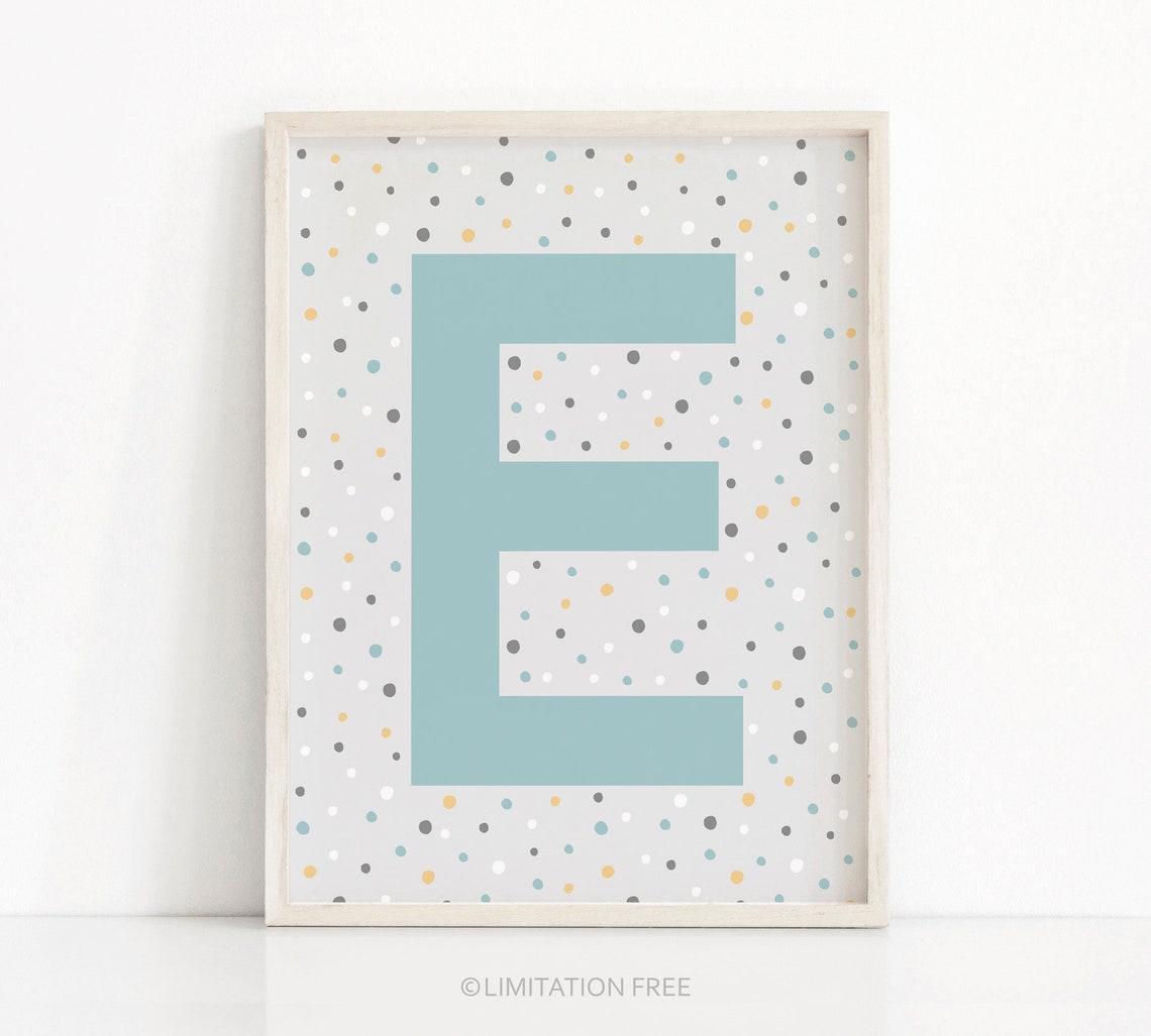 Letter E Monogram Mint Polka Dots Nursery Print Kids Wall Art
