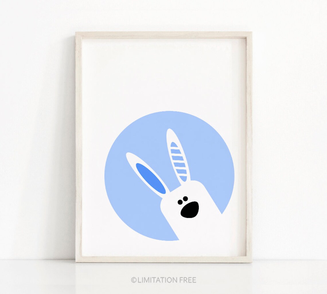 Cute Bunny Peeking Blue Circle Baby Nursery Wall Poster Kids Animal Decor
