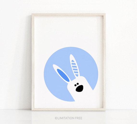 Cute Bunny Peeking Blue Circle Baby Nursery Wall Poster Kids Animal Decor