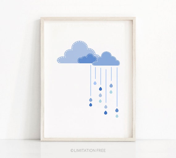 Nursery Art Cloud Nursery Wall Art Baby Room Art Kids Room Art Print Blue Clouds And Raindrops Baby Print Blue Nursery Print