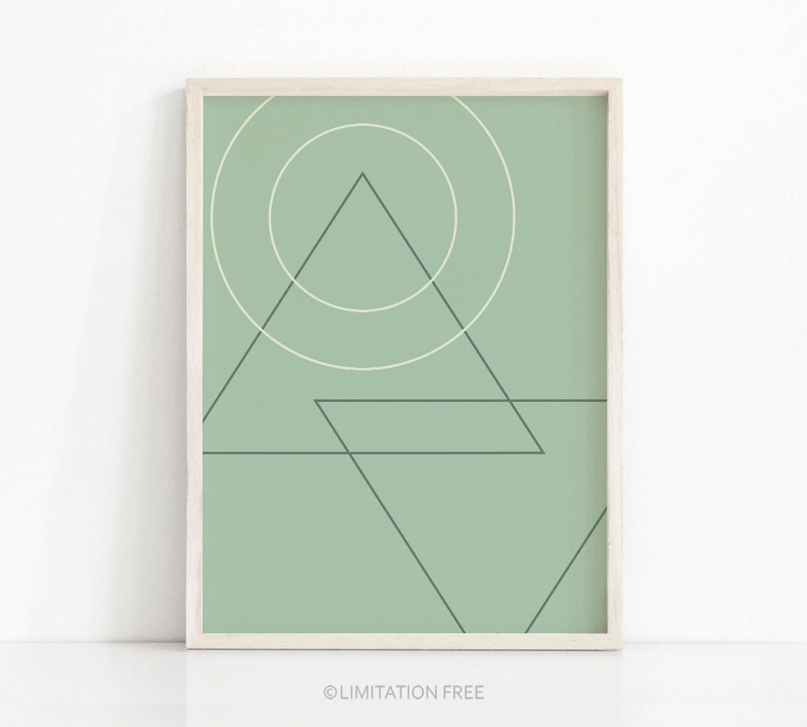 Sage Green Geometric Line Art Triangles Circles Modern Wall Art Poster