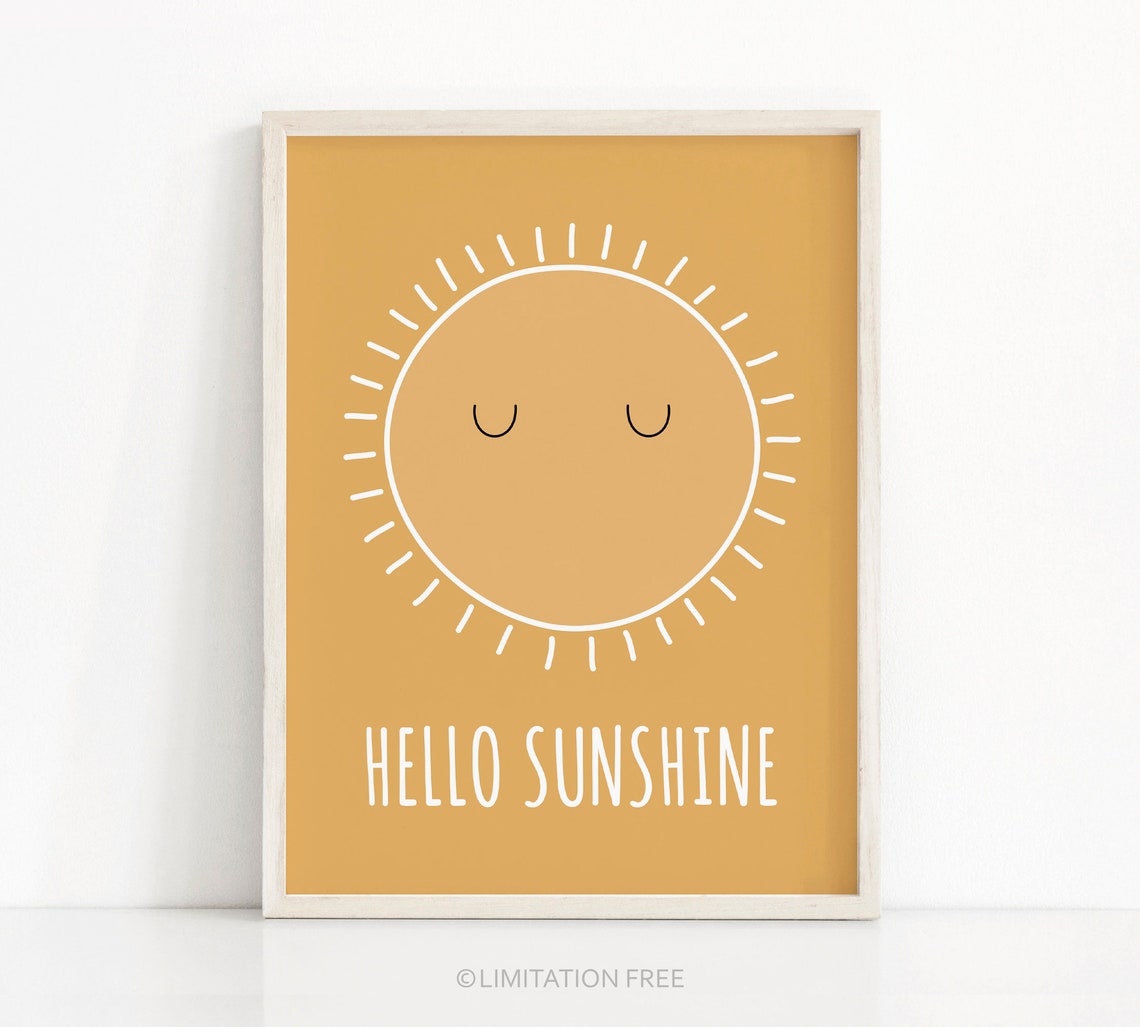 Cute Hello Sunshine Mustard Sun Nursery Print Kids Room Wall Art