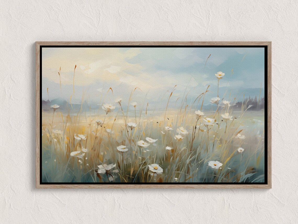 Wildflowers Field Oil Painting Vintage Landscape Wall Art Farmhouse Decor Bedroom Countryside Scene Print