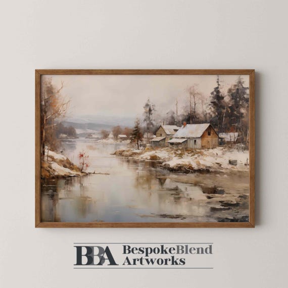 Snowy Cabin Landscape Art Winter Lake Scene Oil Painting For Neutral Holiday Decor Or Cozy Country Home Interiors