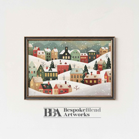 Cozy Christmas Village Festive Winter Townscape Snowy Art Poster