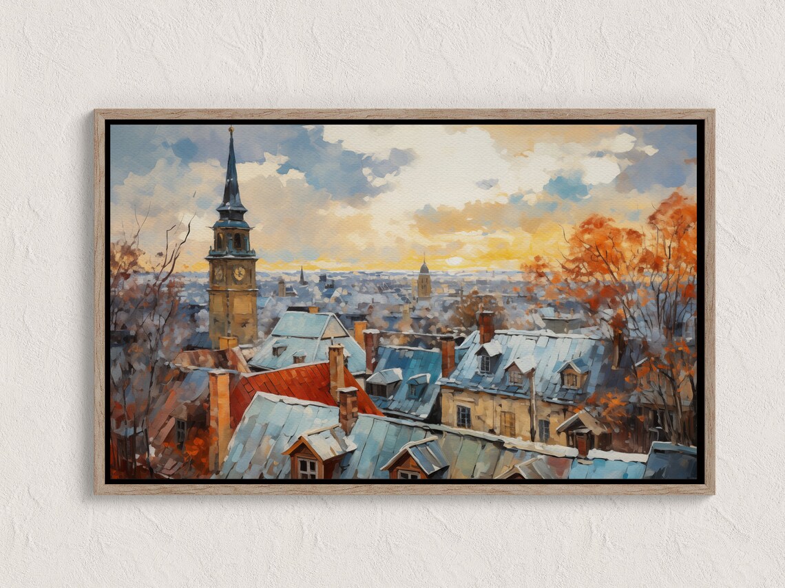 European Old Town Rooftops Church Tower Sunset Watercolor Poster