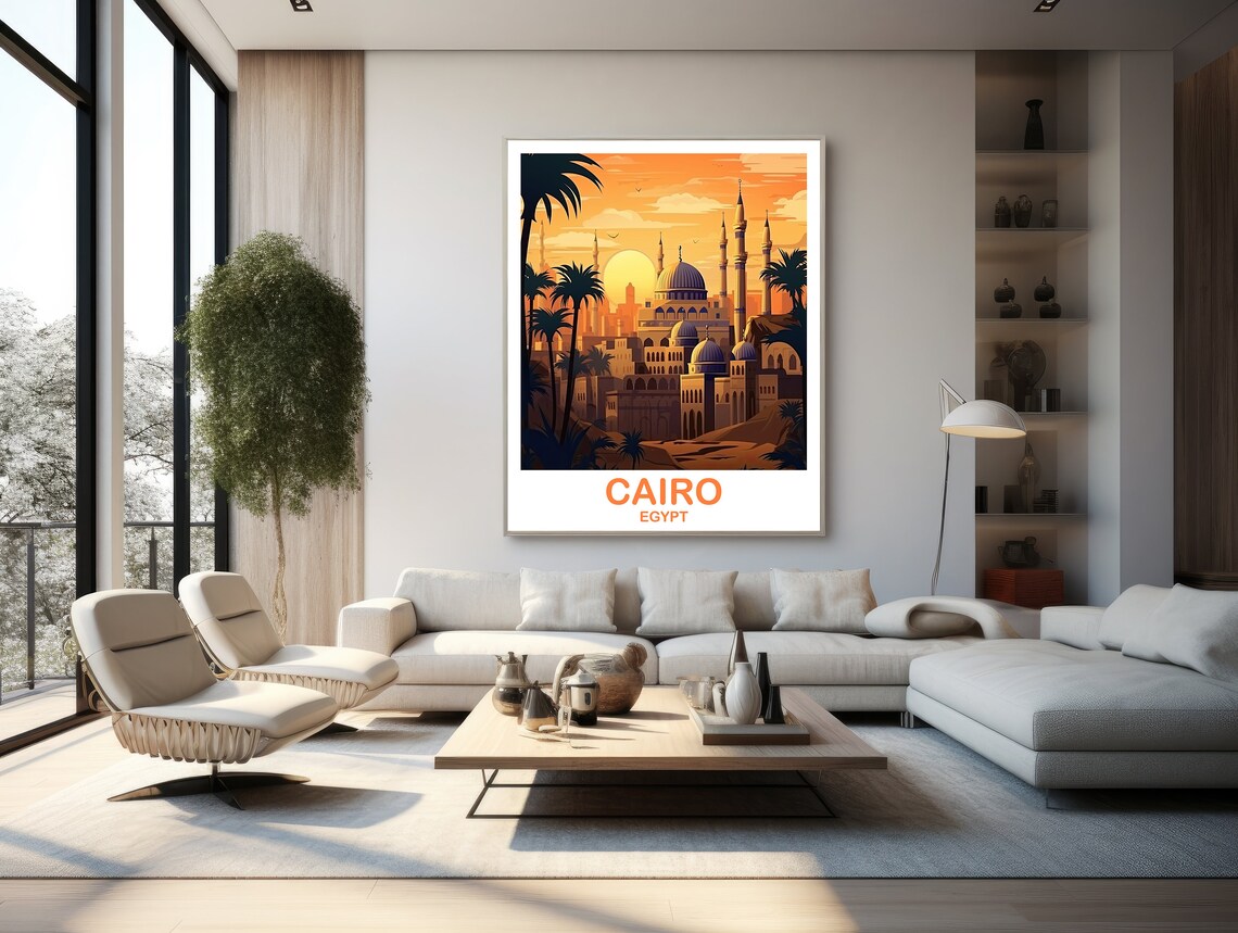 Cairo Egypt Golden Sunset Skyline Palm Trees Vintage Travel Poster - Image 2