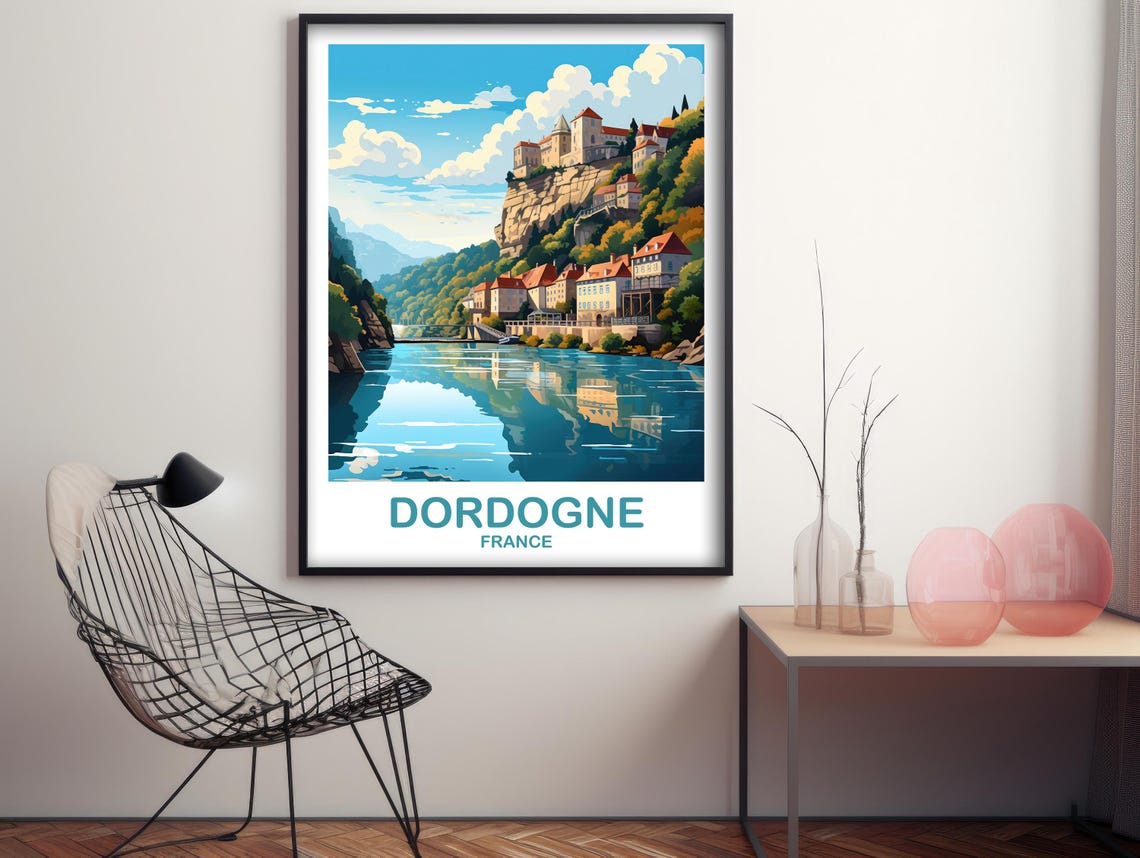 Dordogne France Travel Poster Riverside Village Cliff Retro Wall Decor