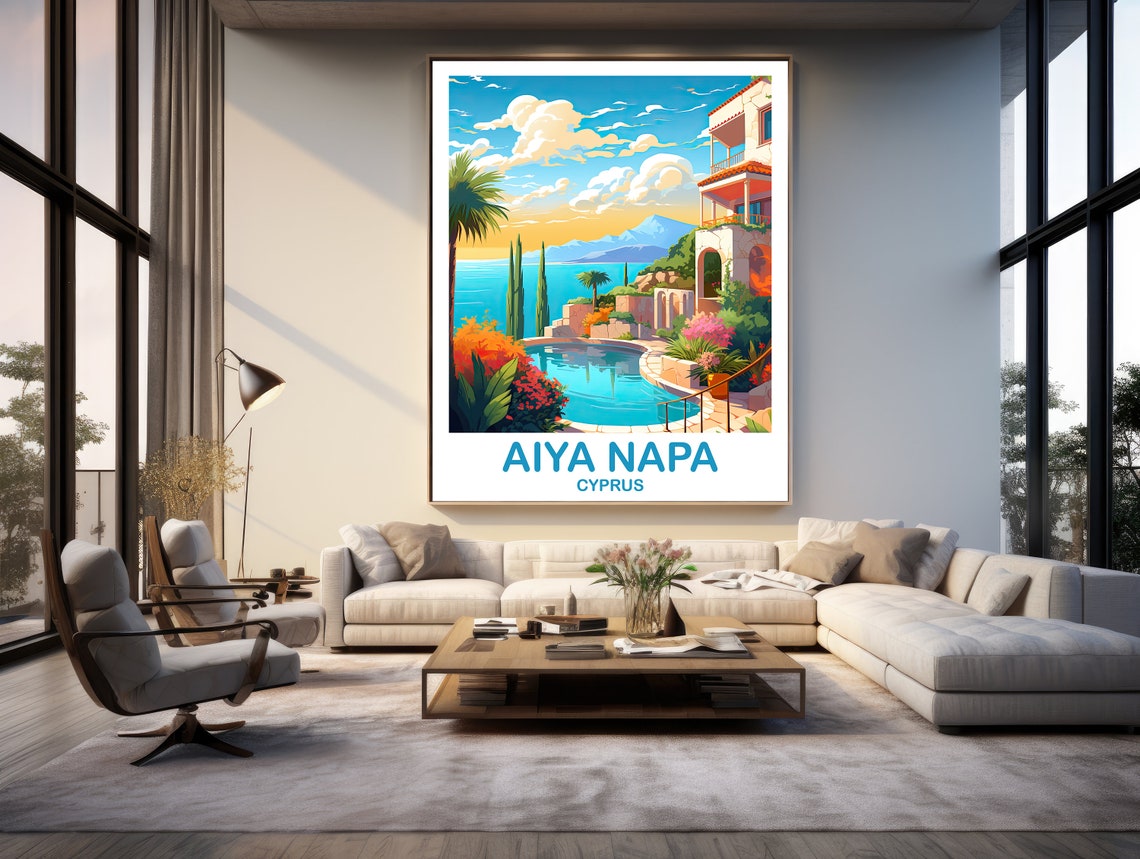 Aiya Napa Cyprus Seaside Villa and Pool Retro Travel Art Poster - Image 3