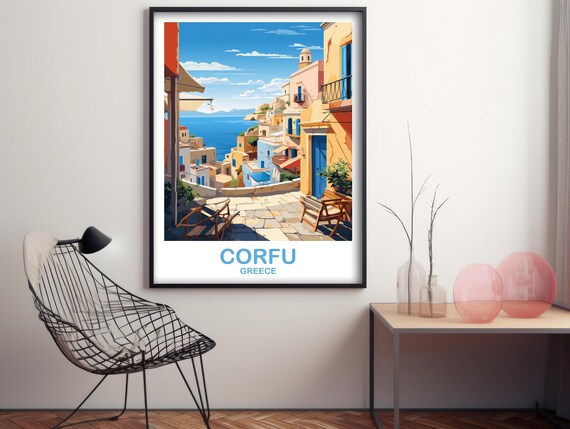 Corfu Greece Travel Poster Island Village Sea View Retro Wall Decor