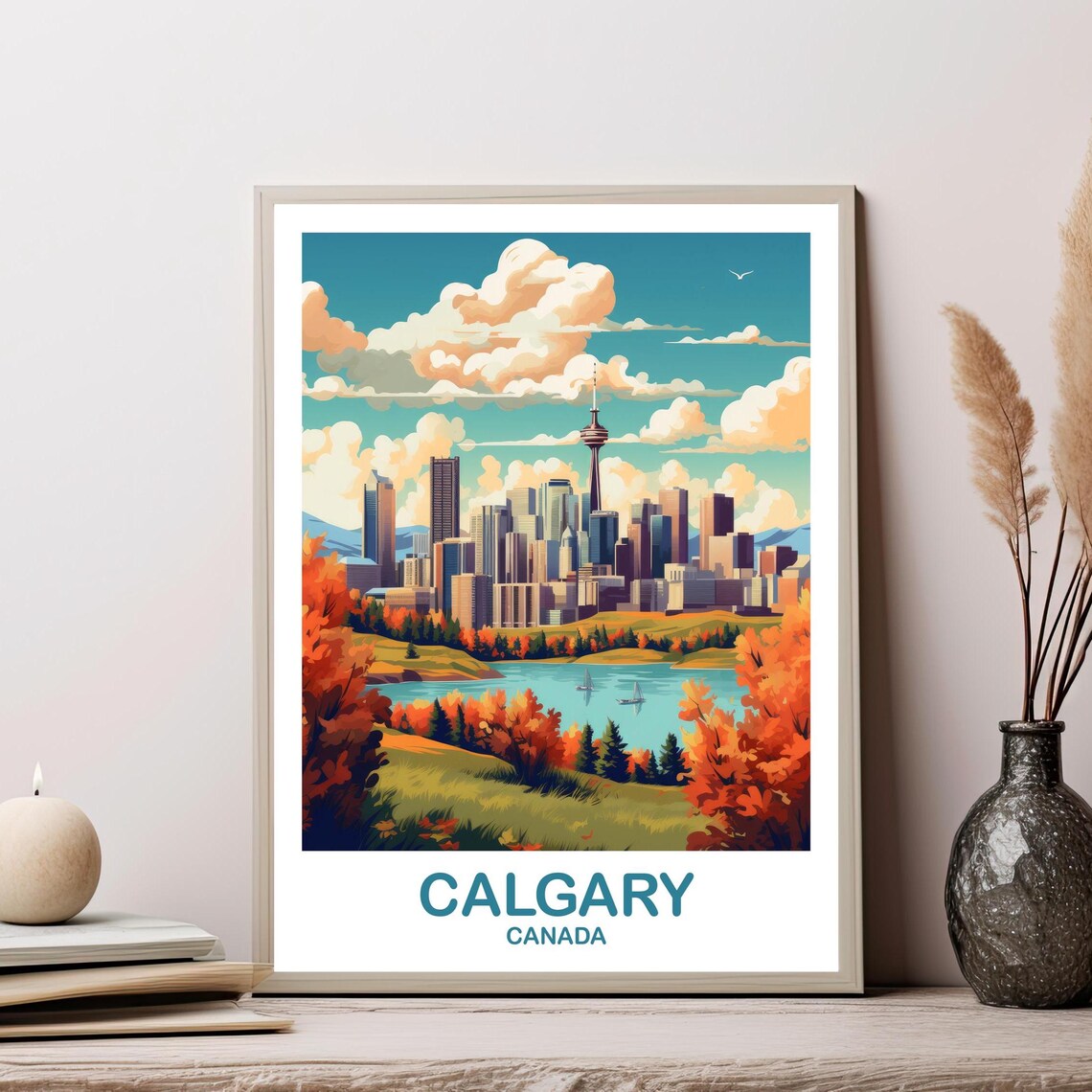 Calgary Canada Travel Tower Skyline Autumn Foliage Lake Souvenir Poster