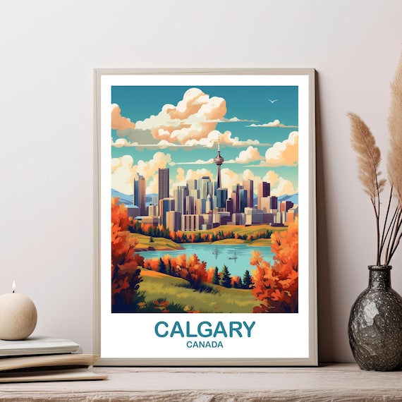 Calgary Canada Travel Tower Skyline Autumn Foliage Lake Souvenir Poster