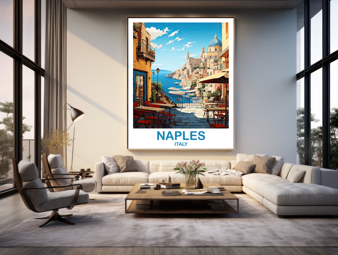 Naples Italy Harbor Boats Waterfront Cafe Vintage Travel Poster - Image 2