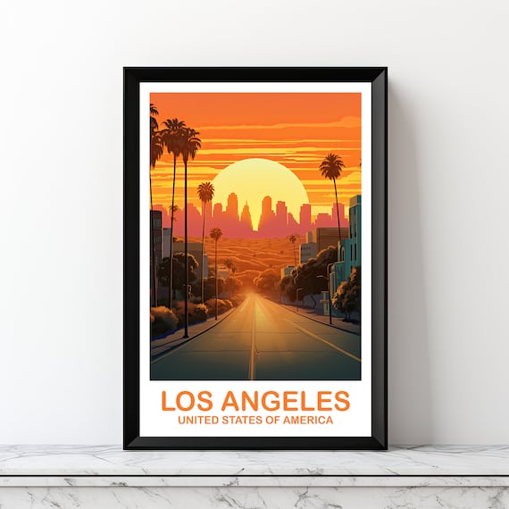 Los Angeles Sunset City Street Palm Trees Skyline Travel Art Poster